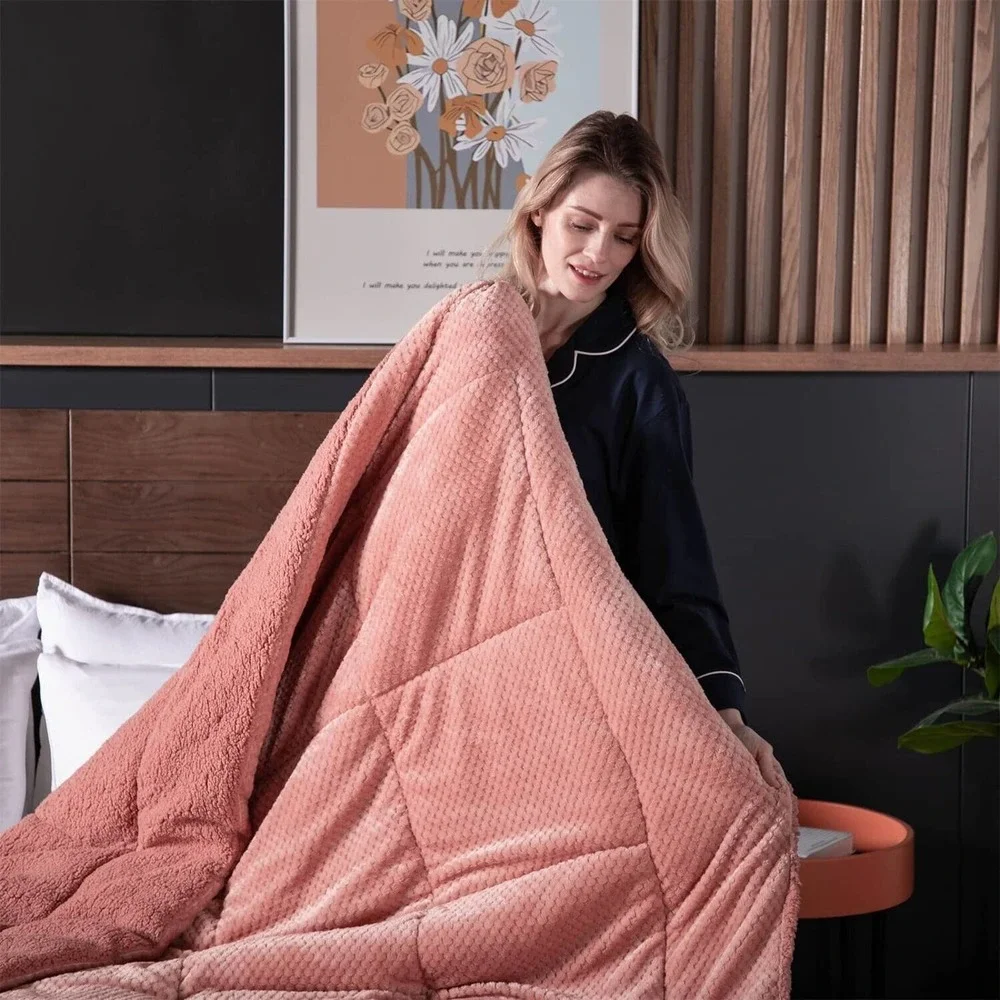 Luxurious Flannel Fleece Comforter w/ Plush Sherpa Back- Queen Size 90X90” Rose